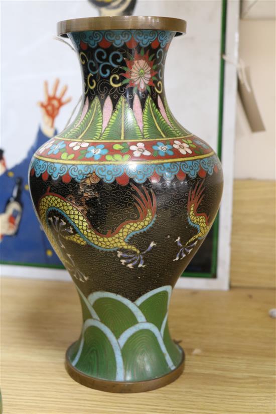 A Chinese cloisonne shallow bowl decorated with dragons and six similar vases, Dia 19.5cm